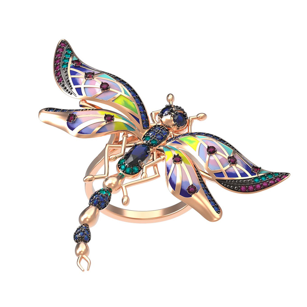 Кольцо из красного золота 585 пробы c фианитом, рубином, сапфиром и эмалью