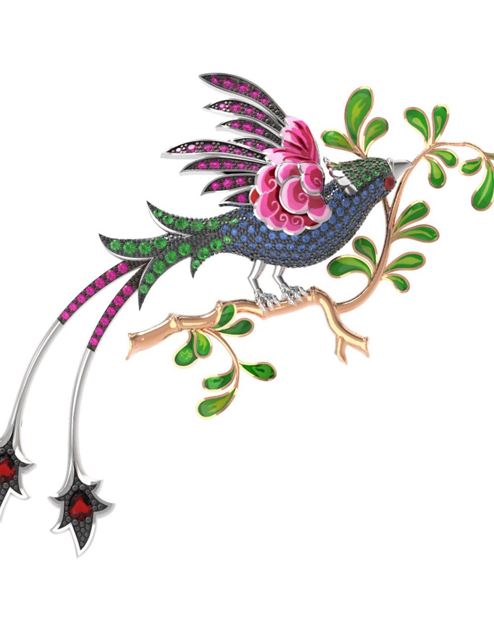 Брошь из белого золота c эмалью, фианитом и гранатом