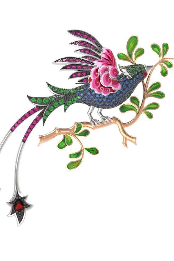 Брошь из белого золота c эмалью, фианитом и гранатом