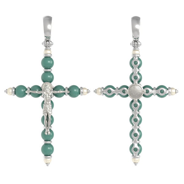 Крест из белого золота 585 пробы c жемчугом и бирюзой