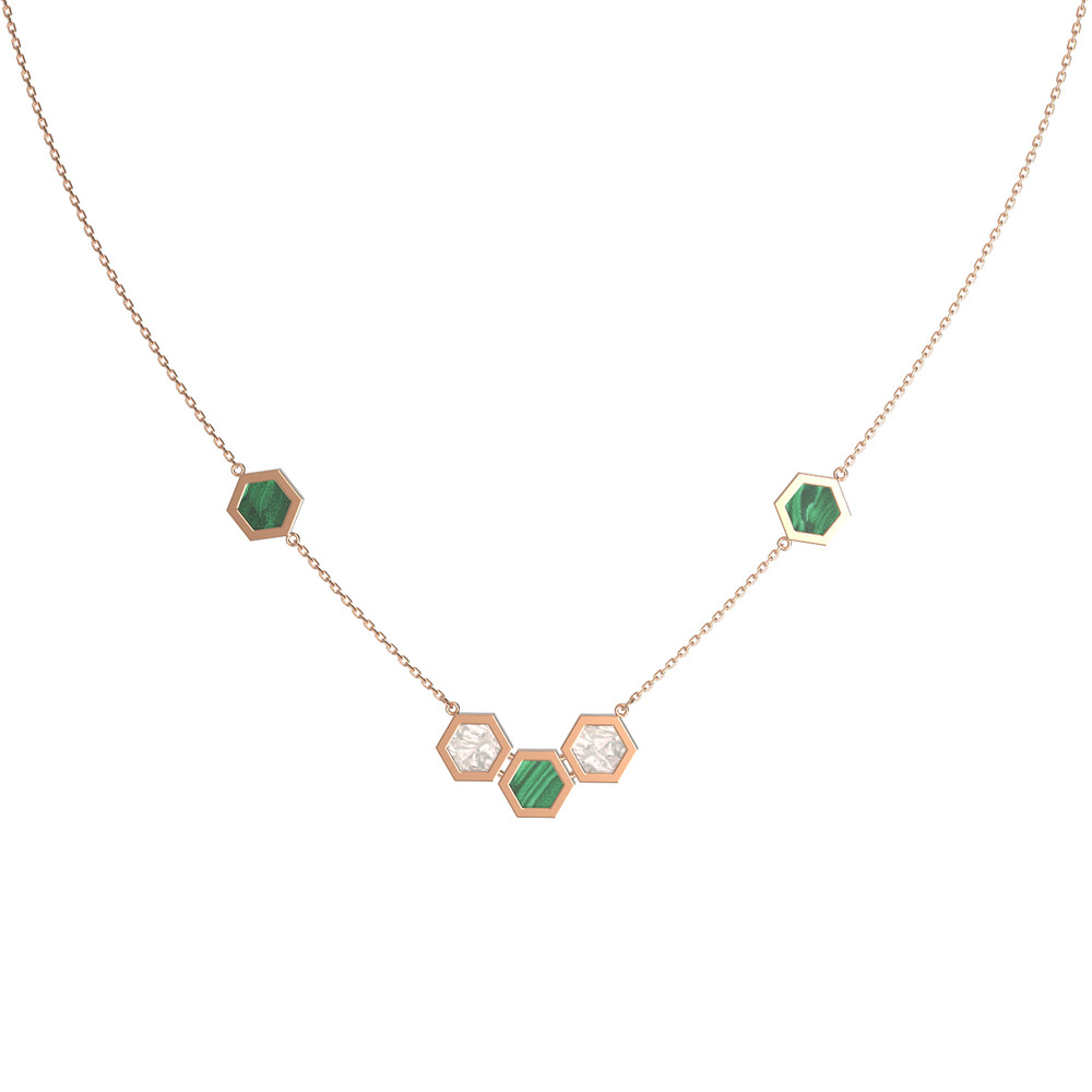 Колье из красного золота 585 пробы c малахитом и перламутром