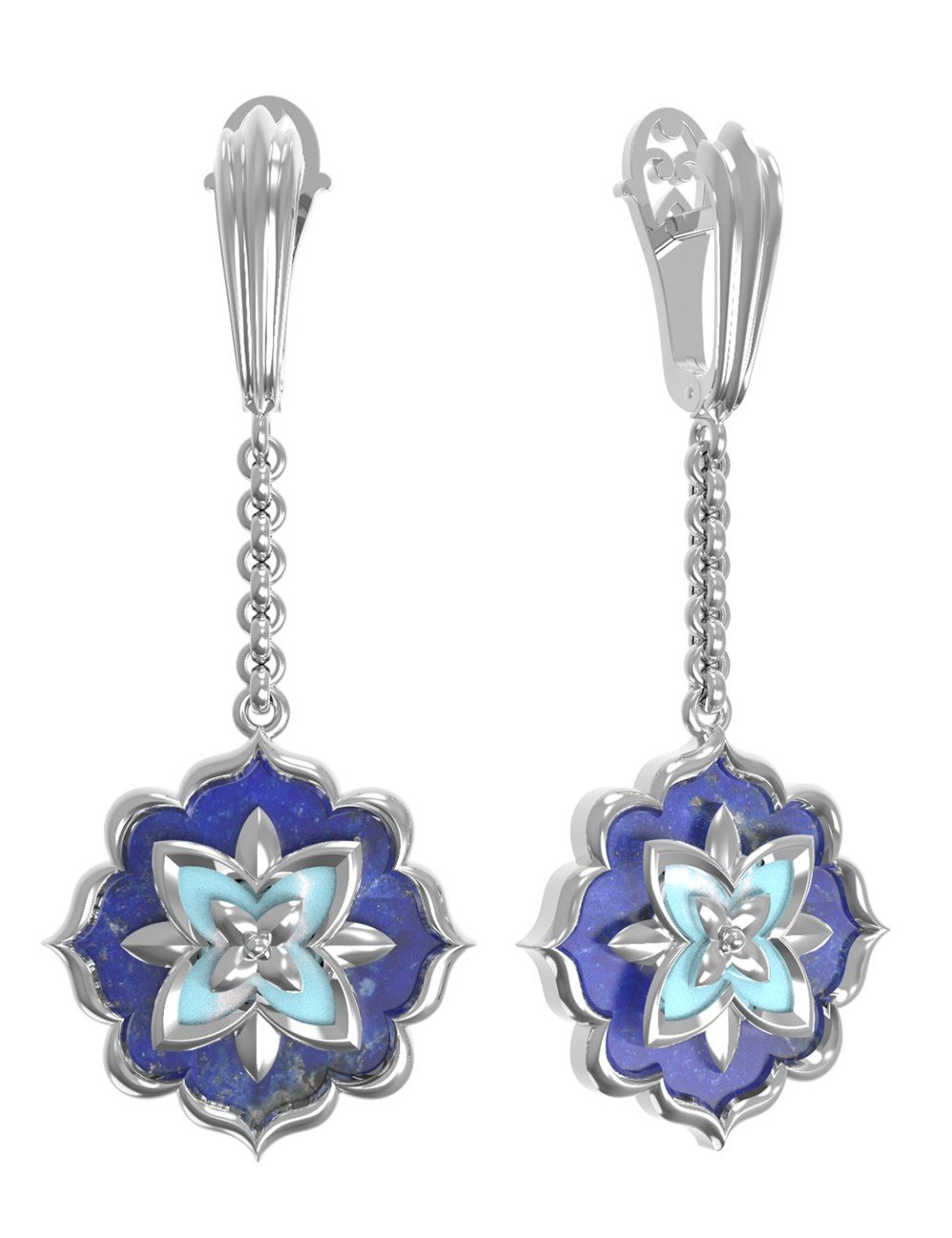 Серьги из белого золота c бирюзой и лазуритом