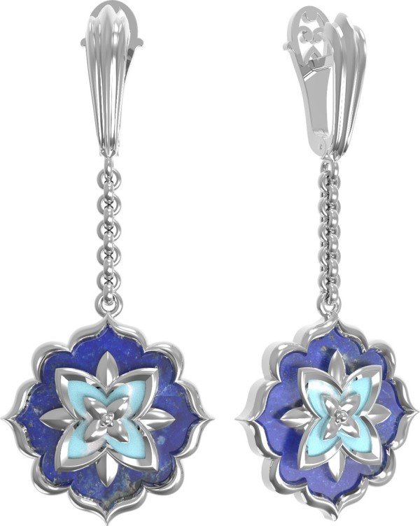 Серьги из белого золота c бирюзой и лазуритом