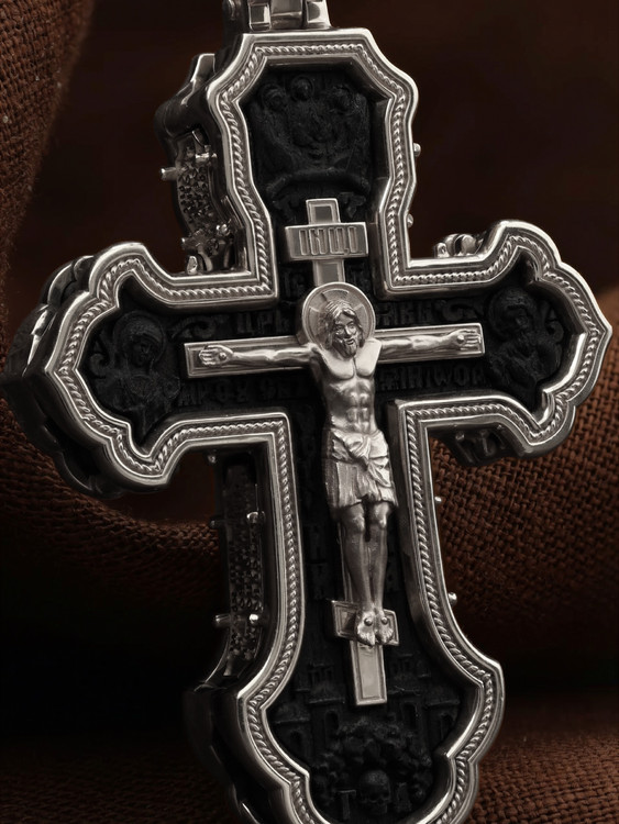 Крест из белого золота 585 пробы c эбеновым деревом