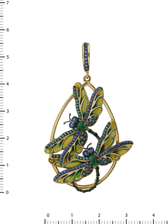 Подвеска из лимонного золота 585 пробы c сапфиром, изумрудом и эмалью
