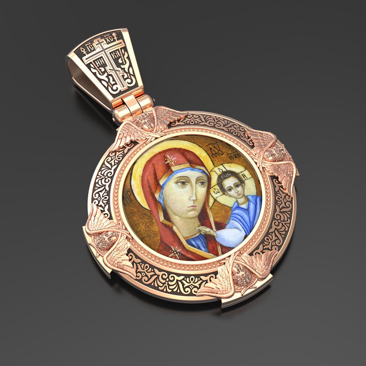 Нательная икона из красного золота 585 пробы c эмалью, иконописью и темперой