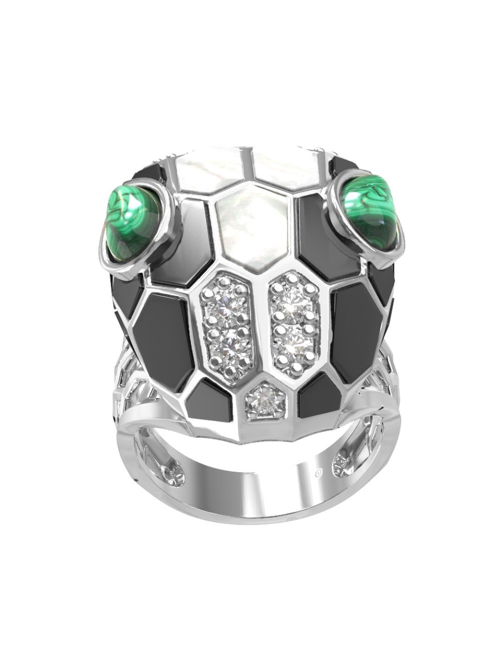 Кольцо из белого золота c бриллиантами, рубином, ониксом, малахитом и перламутром