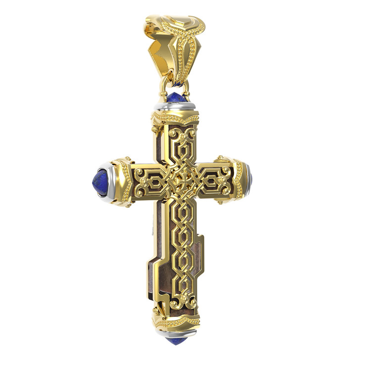 Крест из лимонного золота 585 пробы c лазуритом и железным деревом