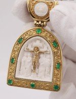 Образок из лимонного золота 585 пробы c эмалью, хризопразом и бивнем мамонта