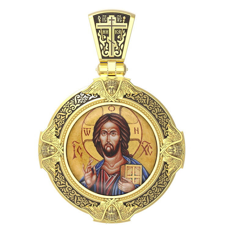 Нательная икона из лимонного золота 585 пробы c эмалью, иконописью и темперой