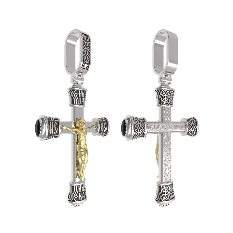 Крест из белого золота 585 пробы c ониксом