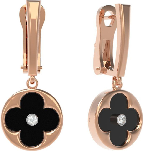 Серьги из красного золота 585 пробы c бриллиантами и ониксом