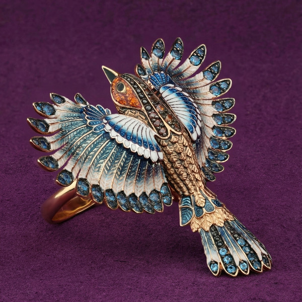 Кольцо из красного золота 585 пробы c эмалью и фианитом