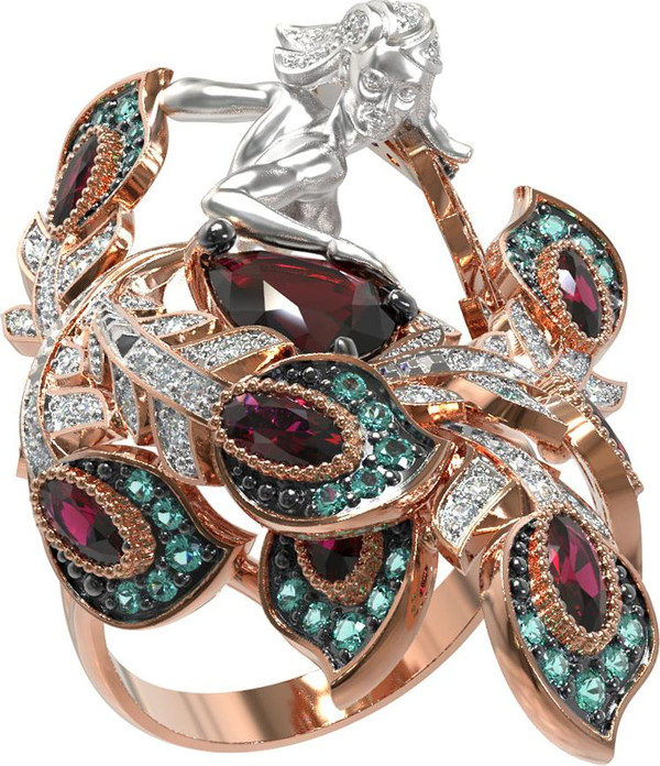 Кольцо из красного золота 585 пробы c фианитом и гранатом