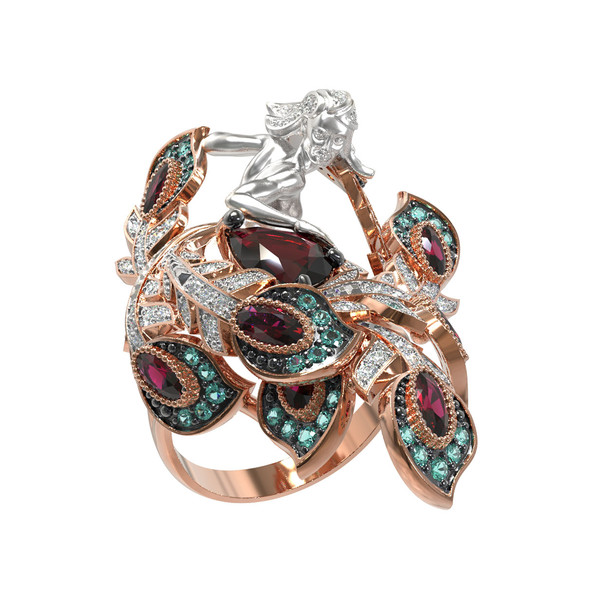 Кольцо из красного золота 585 пробы c фианитом и гранатом