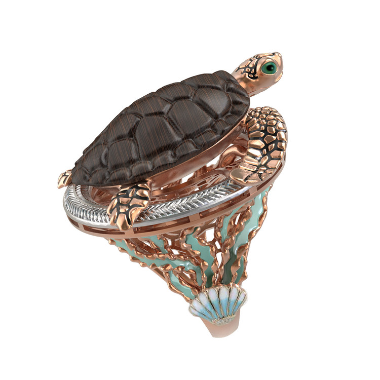 Кольцо из красного золота 585 пробы c эмалью и железным деревом