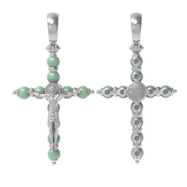 Крест из белого золота 585 пробы c нефритом