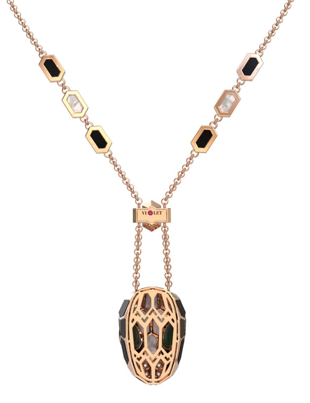 Колье из золота c бриллиантами, рубином, ониксом, малахитом и перламутром