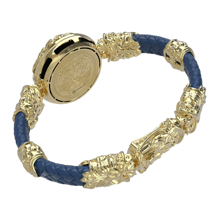 Браслет из лимонного золота 585 пробы c эмалью, кожаным шнурком и ониксом