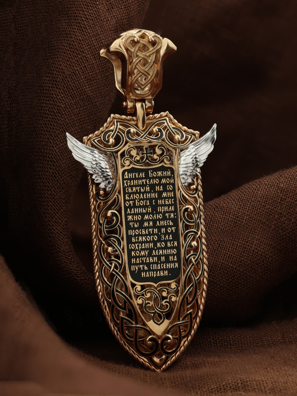 Нательная икона из красного золота 585 пробы c эмалью и бивнем мамонта