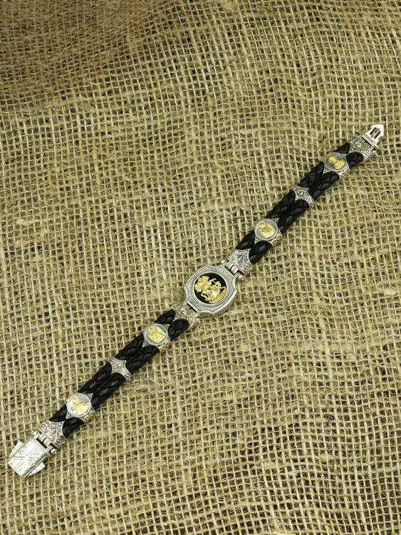 Браслет из серебра 925 пробы и золота 750 пробы c кожаным шнурком и ониксом