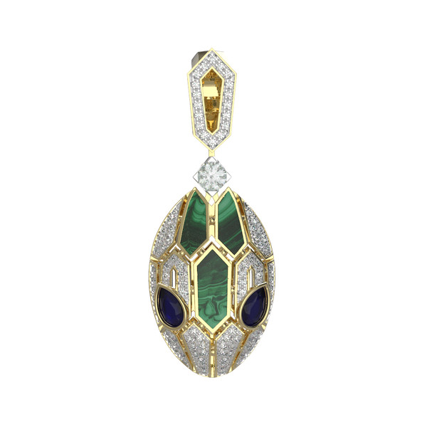 Подвеска из лимонного золота 585 пробы c бриллиантами, сапфиром и малахитом