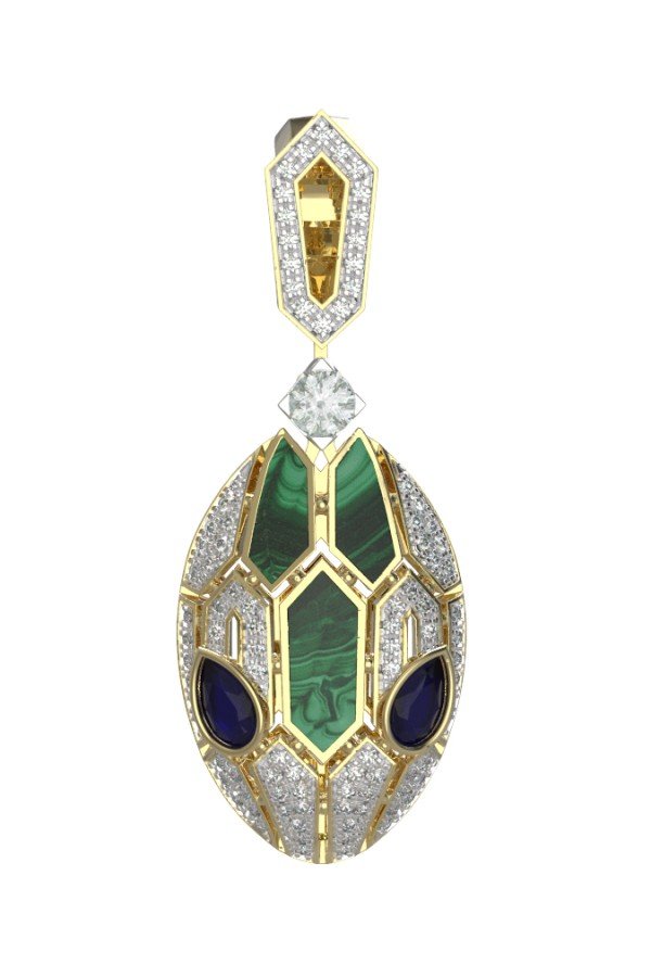 Подвеска из лимонного золота c бриллиантами, сапфиром и малахитом