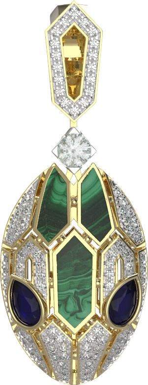 Подвеска из лимонного золота 585 пробы c бриллиантами, сапфиром и малахитом