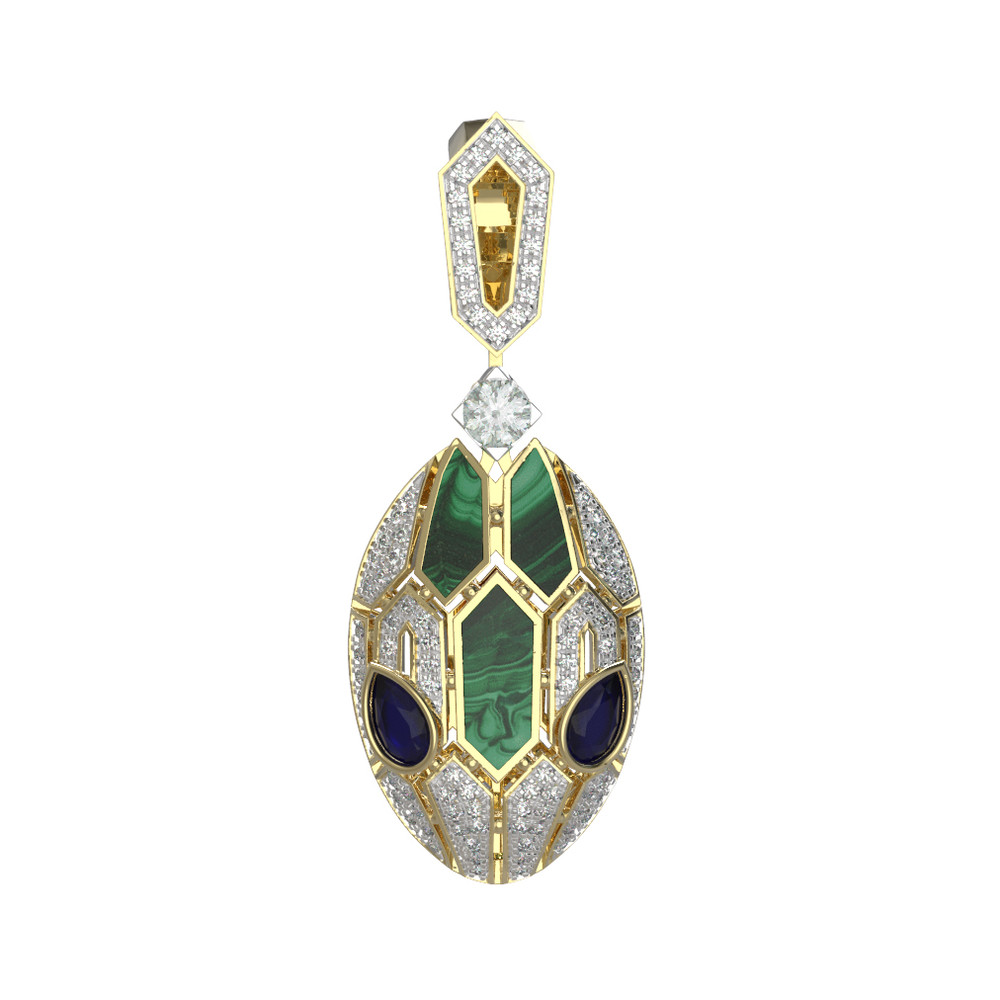 Подвеска из лимонного золота 585 пробы c бриллиантами, сапфиром и малахитом