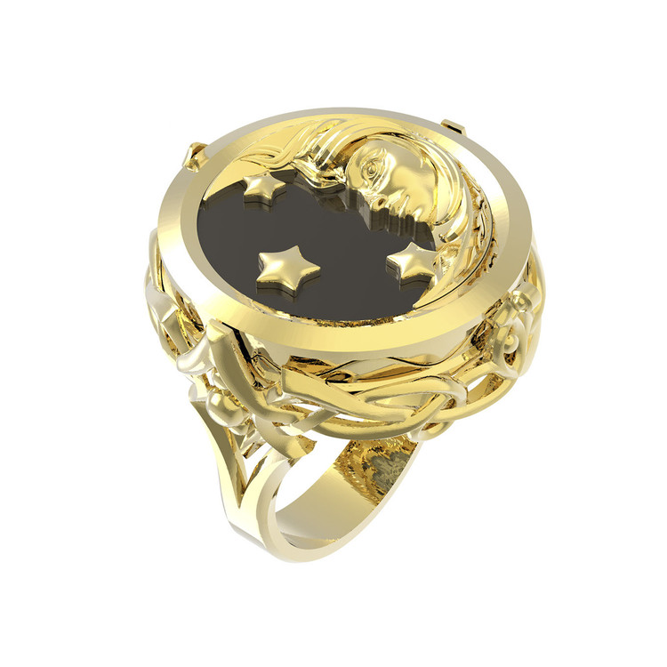 Кольцо из лимонного золота 585 пробы c ониксом и перламутром