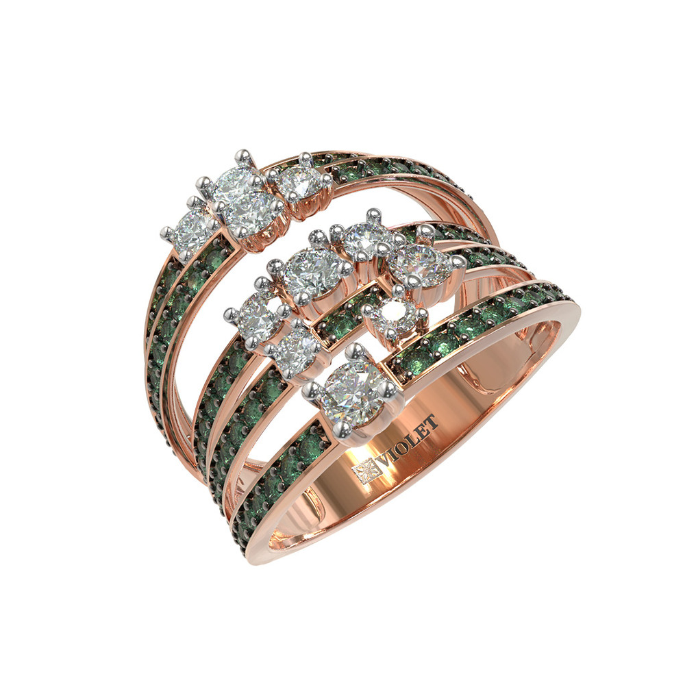 Кольцо из красного золота 585 пробы c бриллиантами и изумрудом