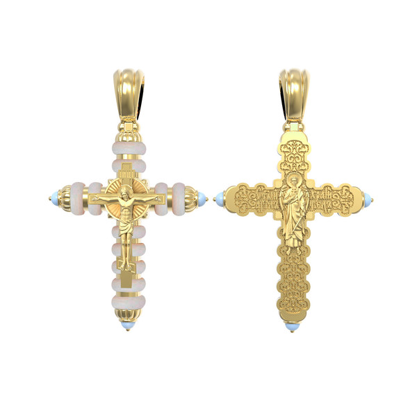 Крест из лимонного золота 585 пробы c бирюзой и кахолонгом