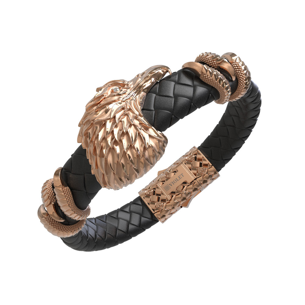 Браслет из красного золота 585 пробы c бриллиантами и кожаным шнурком