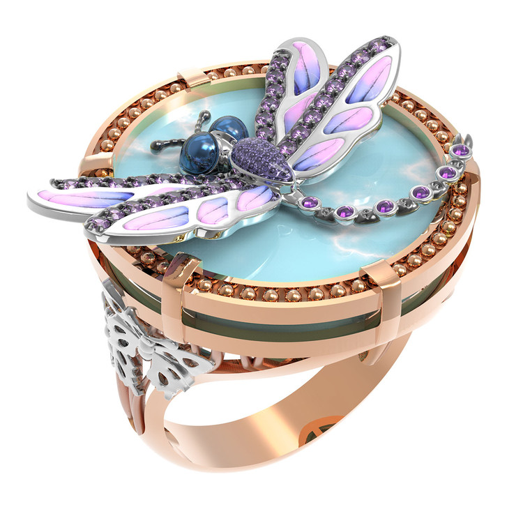 Кольцо из красного золота 585 пробы c бирюзой, аметистом и эмалью