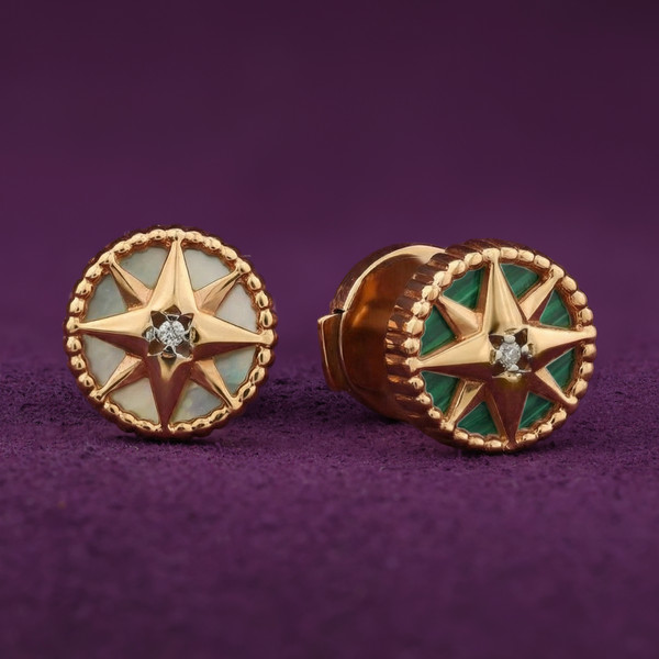 Серьги из красного золота 585 пробы c бриллиантами, малахитом и перламутром