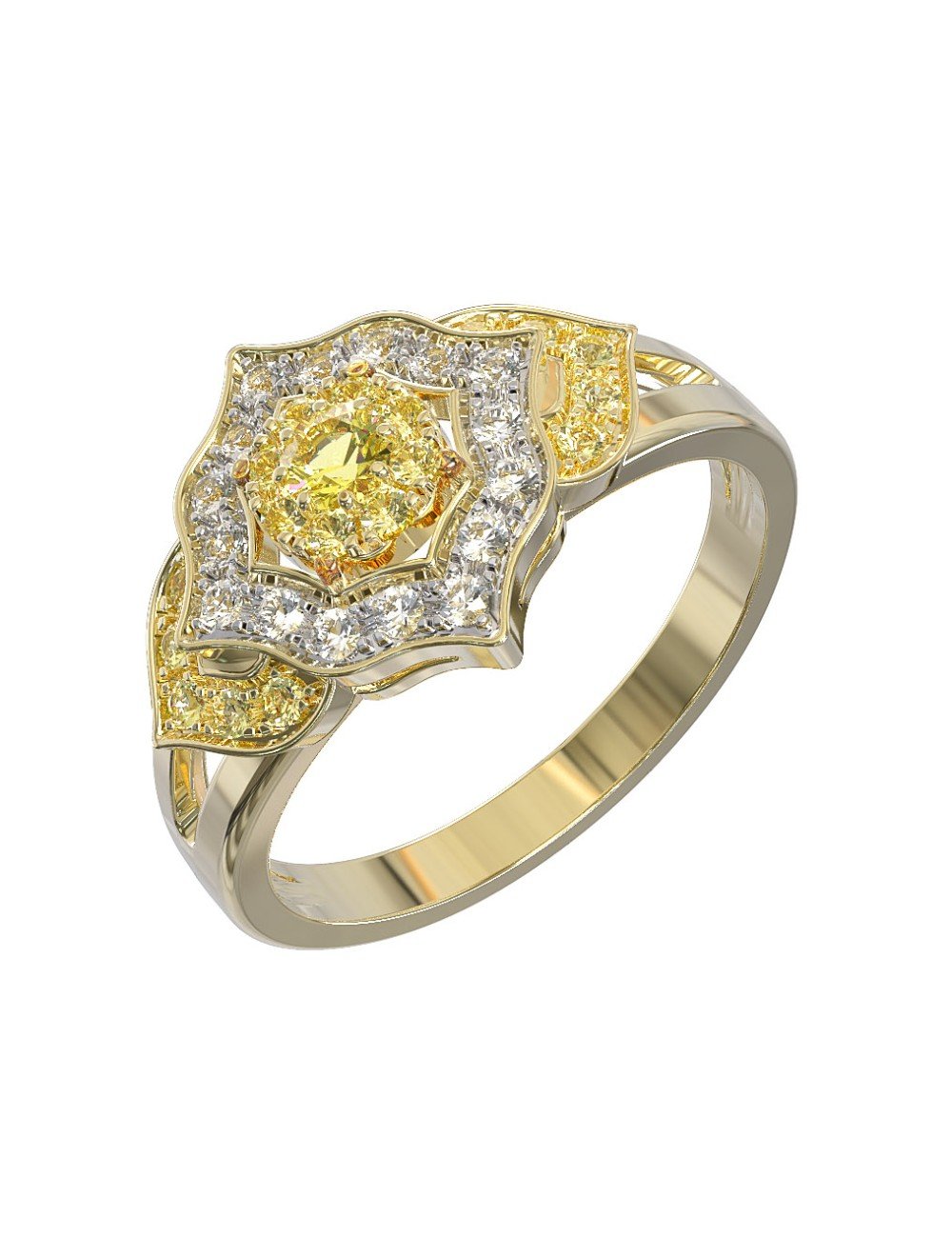 Кольцо из лимонного золота c бриллиантами и сапфиром