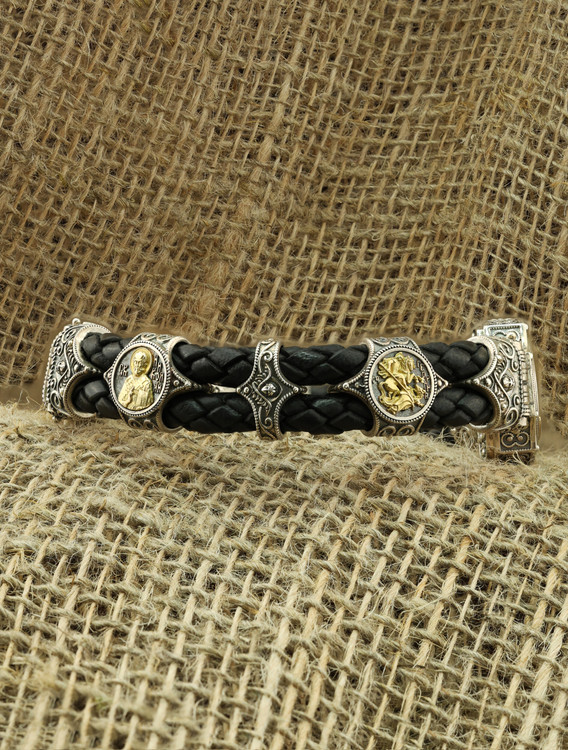 Браслет из серебра 925 пробы и золота 750 пробы c кожаным шнурком и ониксом