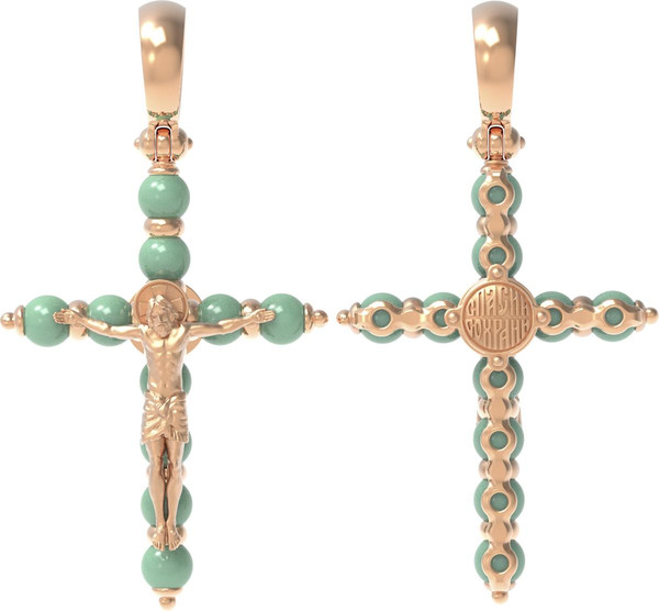 Крест из красного золота 585 пробы c нефритом