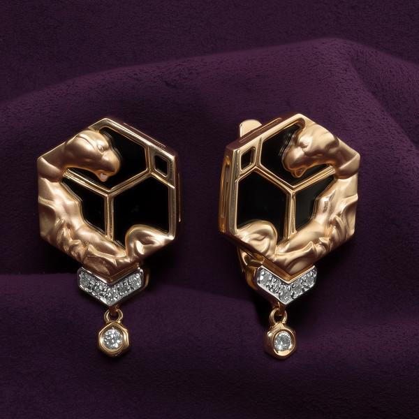 Серьги из красного золота 585 пробы c бриллиантами и ониксом