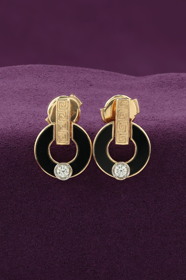 Серьги из красного золота 585 пробы c бриллиантами и ониксом