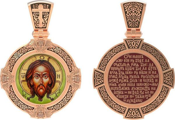 Нательная икона из красного золота 585 пробы c эмалью, иконописью и темперой