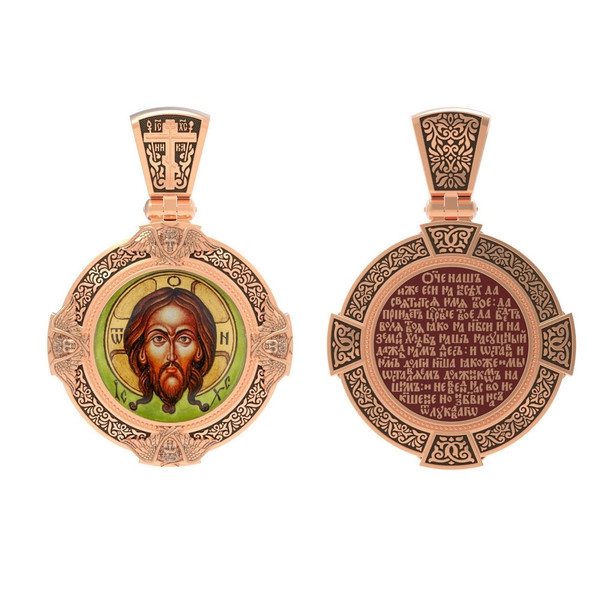 Нательная икона из красного золота 585 пробы c эмалью, иконописью и темперой