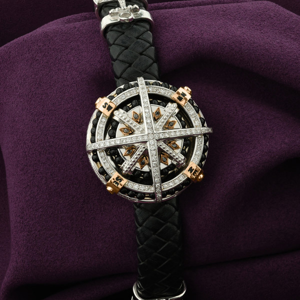 Браслет-шнурок из белого золота 585 пробы c эмалью, бриллиантами, кожаным шнурком и ониксом