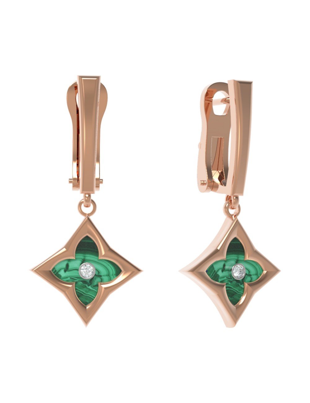 Серьги из золота c бриллиантами и малахитом