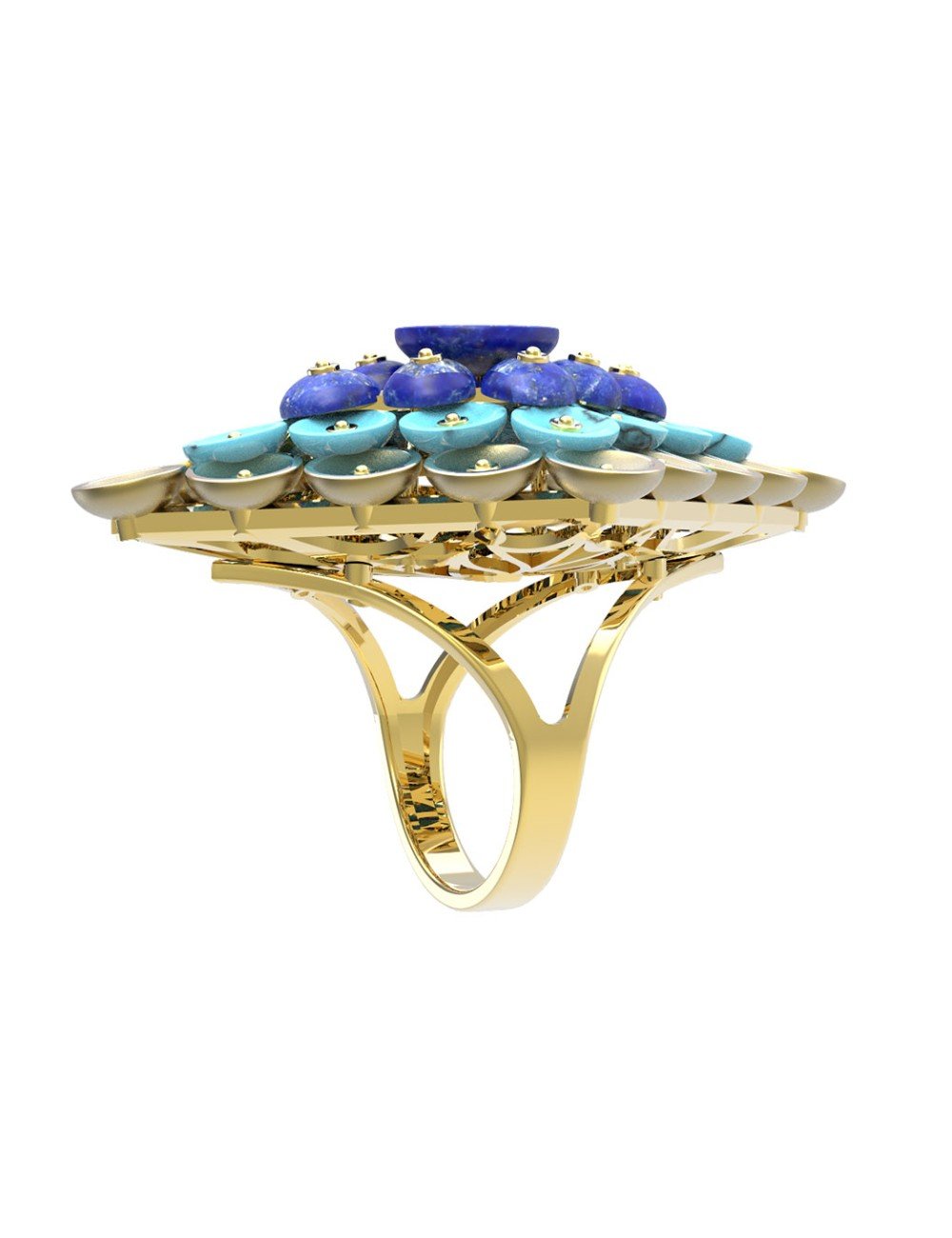 Кольцо из лимонного золота c бирюзой и лазуритом