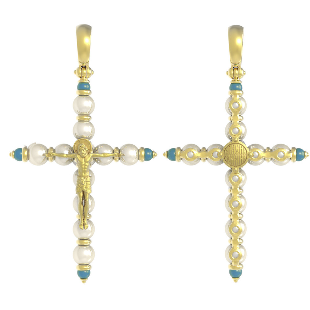 Крест из лимонного золота 585 пробы c жемчугом и бирюзой