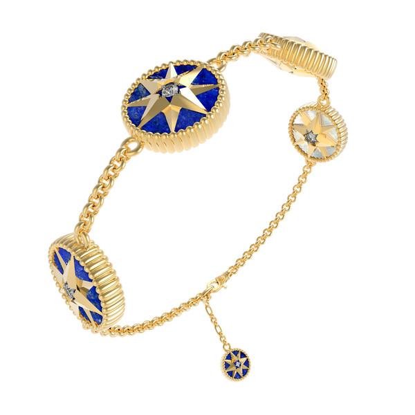 Браслет из лимонного золота 585 пробы c фианитом, лазуритом и перламутром