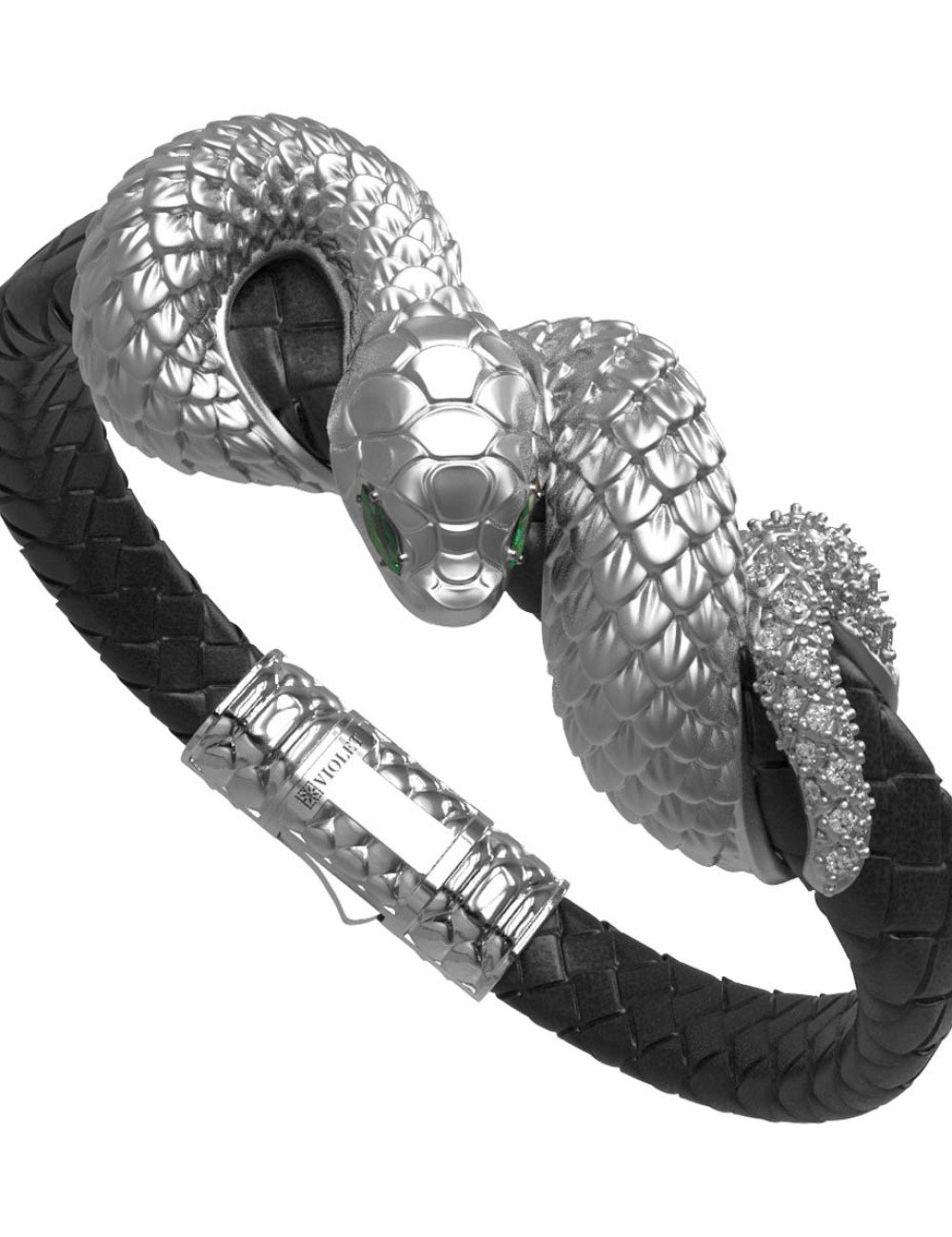 Браслет из белого золота c бриллиантами, изумрудом и шнурком