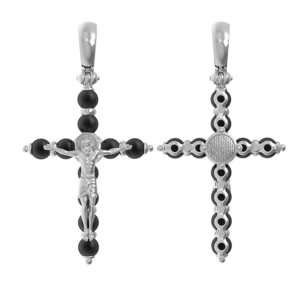 Крест из белого золота 585 пробы c ониксом