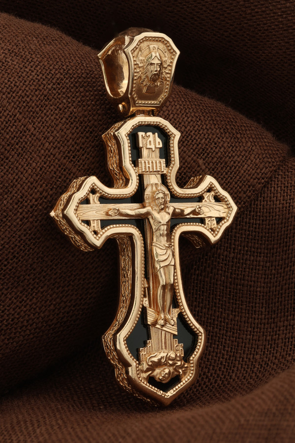 Крест из красного золота 585 пробы c ониксом